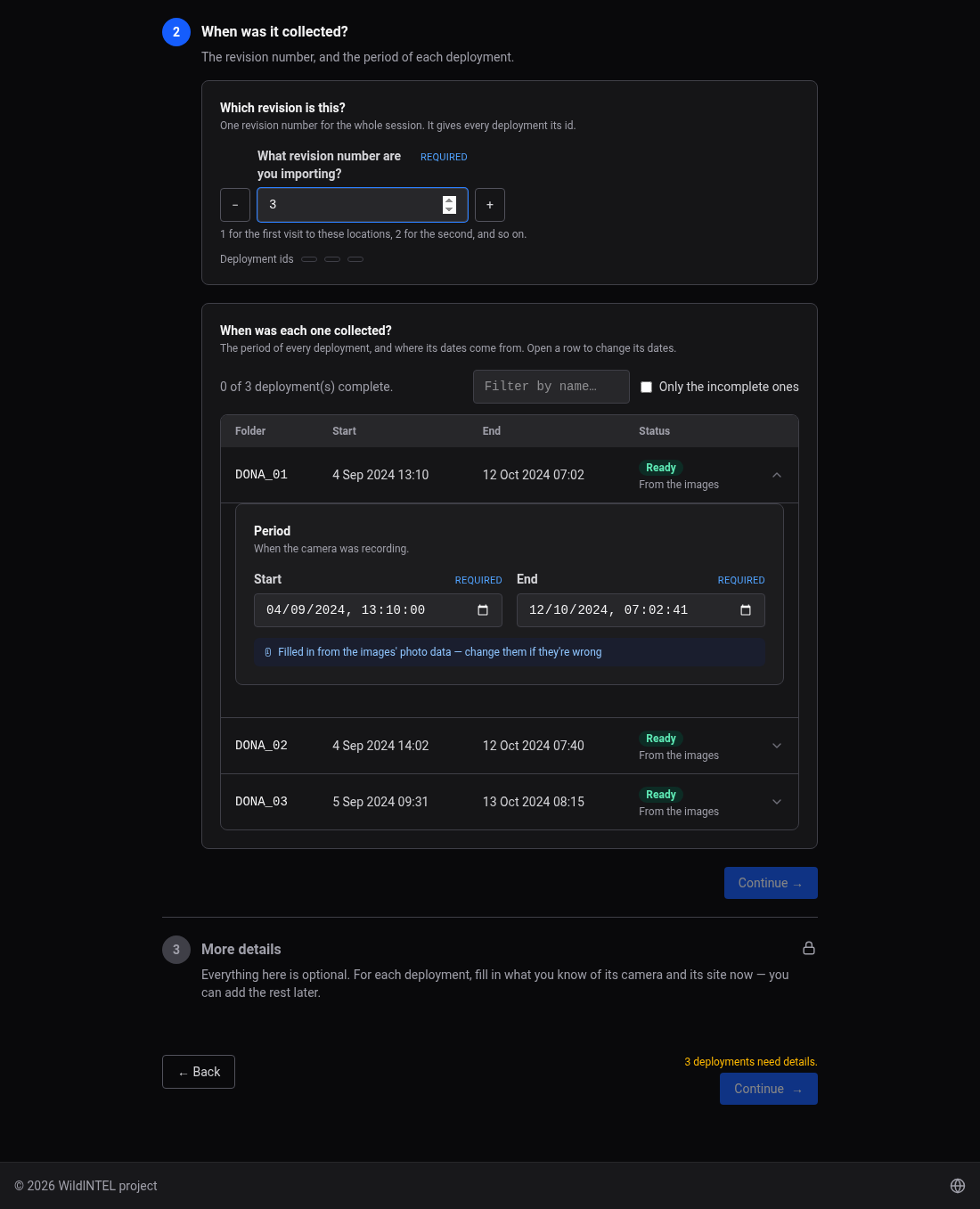 Import session — when was each deployment collected