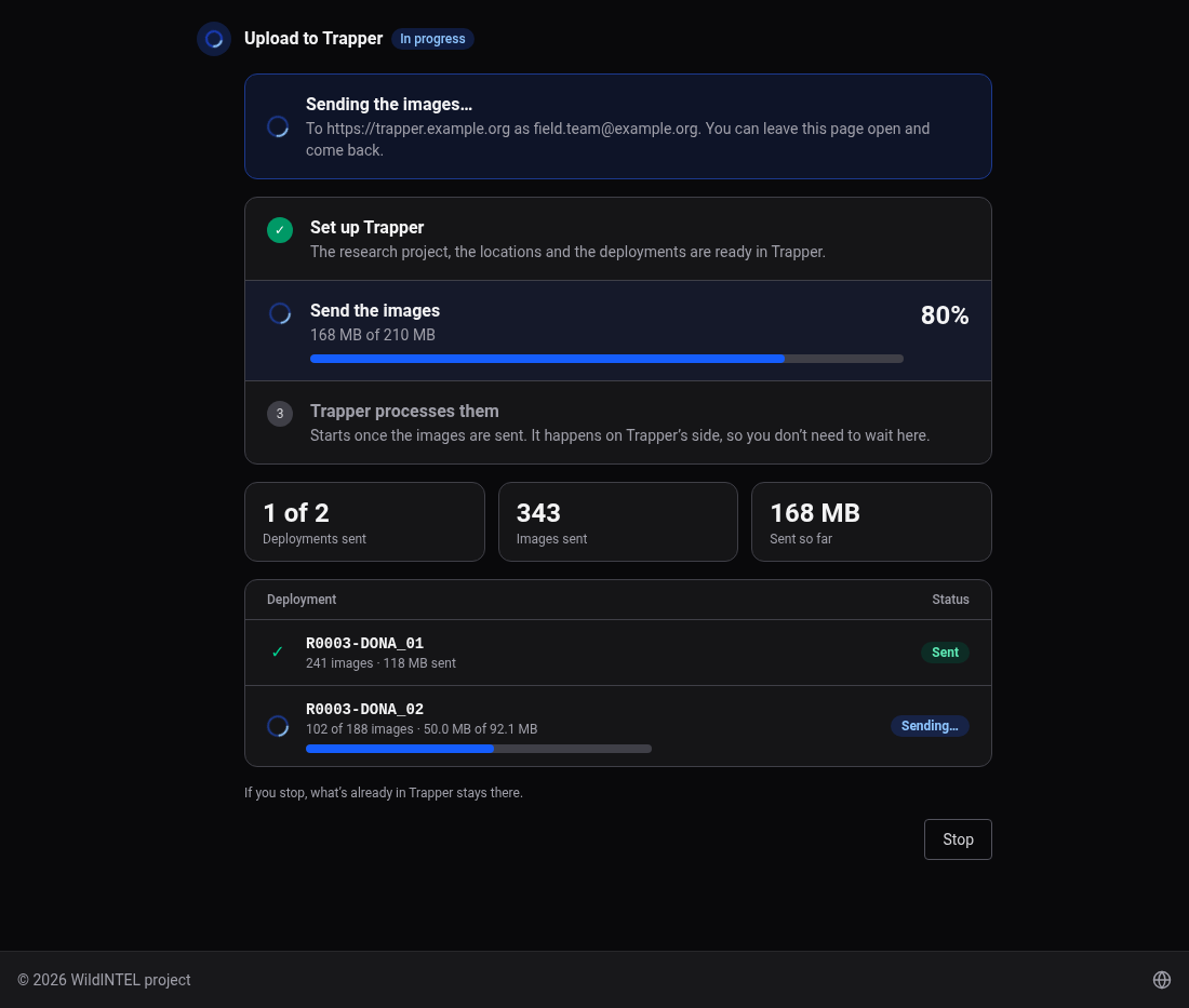 An upload midway: the first deployment is done, the second is sending its zip